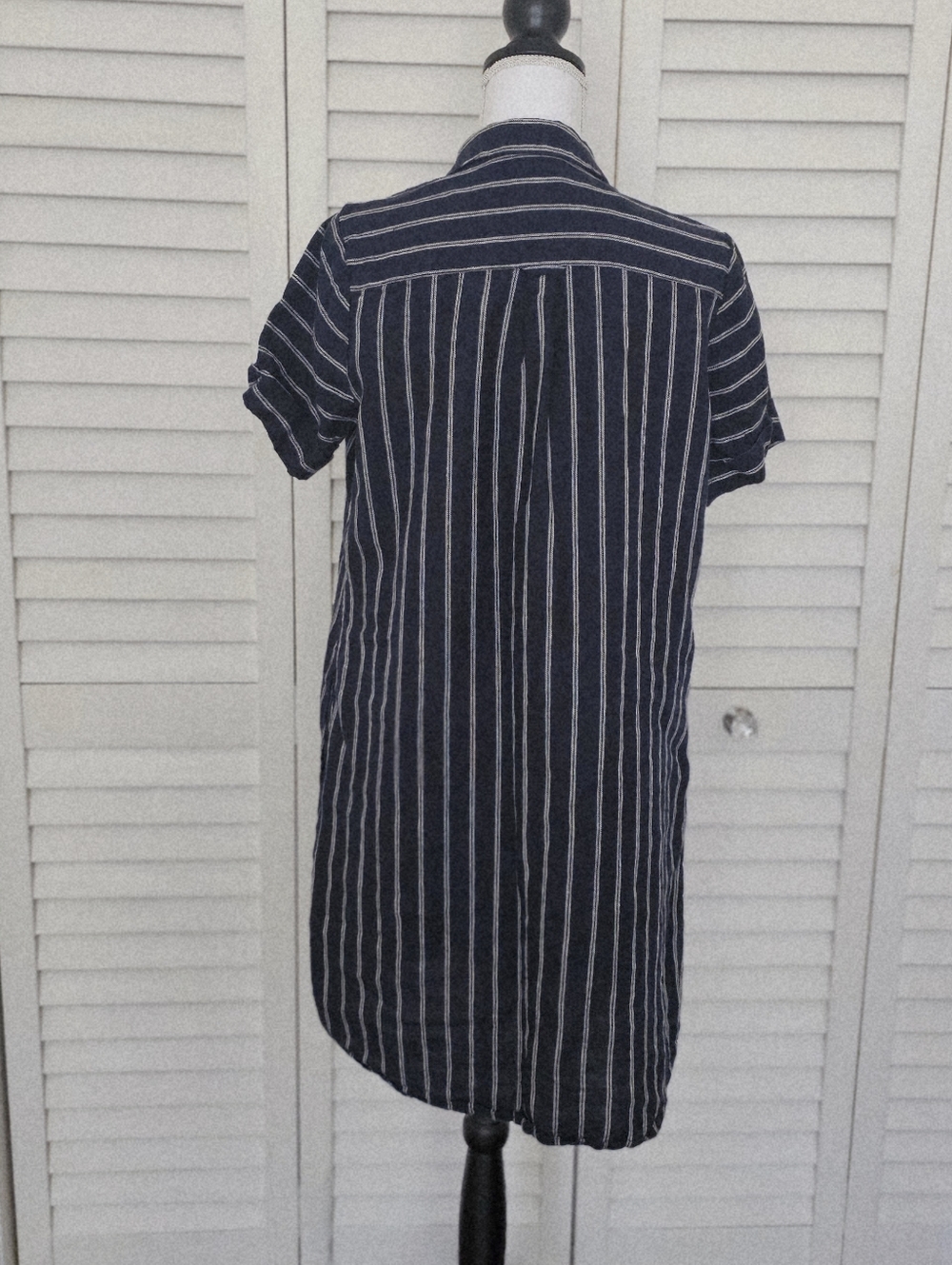 J Jill Love Linen Dress Size S Navy White Stripe Button Front V Neck Loose Fit - Picture 9 of 12